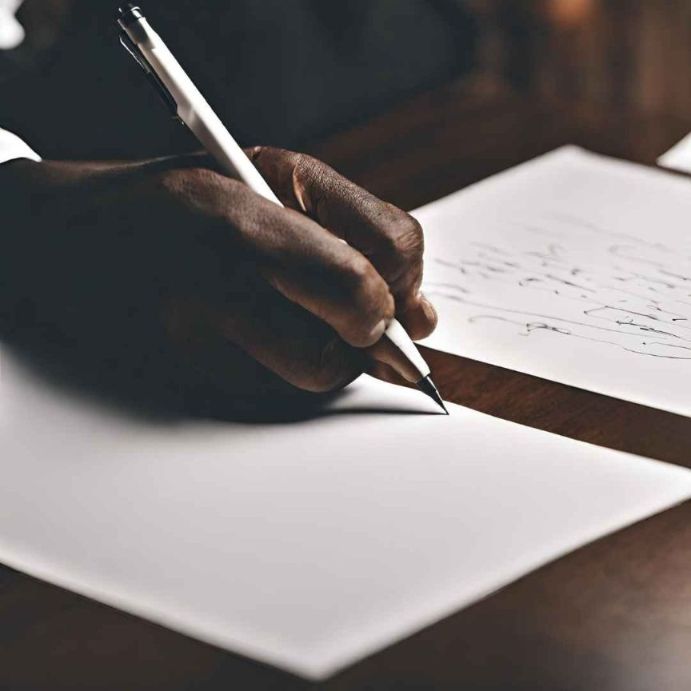 Black hand holding a writing pen, and beginning to write on an empty piece of paper