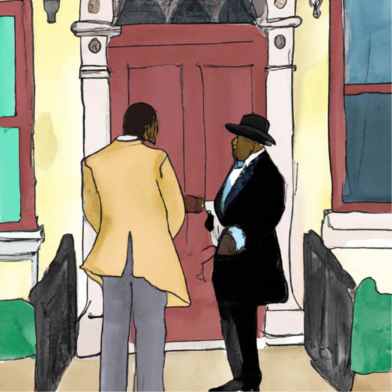 Illustration of two black males having a conversation just out side the door of a house