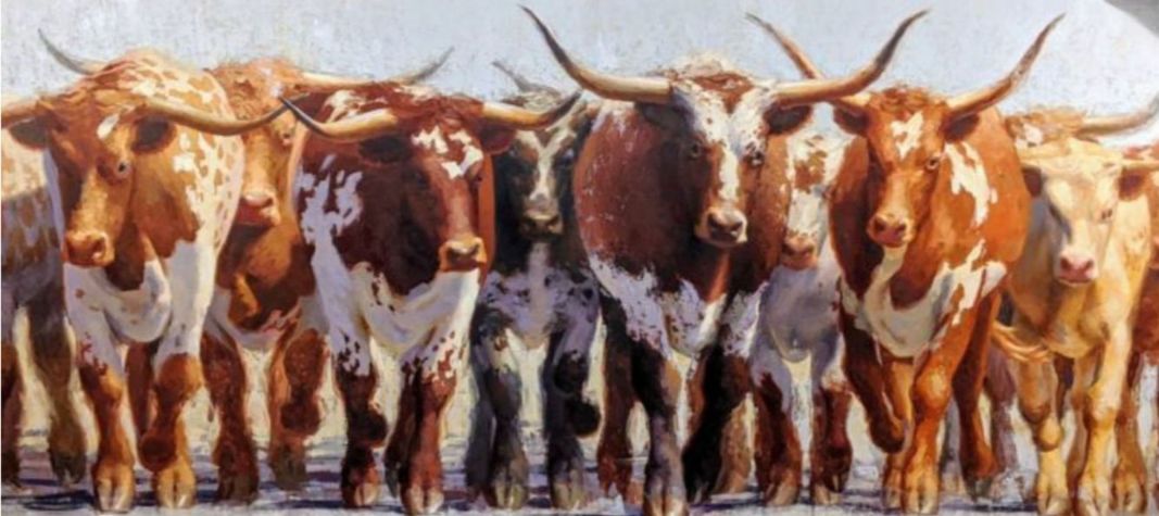 Artist's impression of a number of brown and white nguni herd of cattle