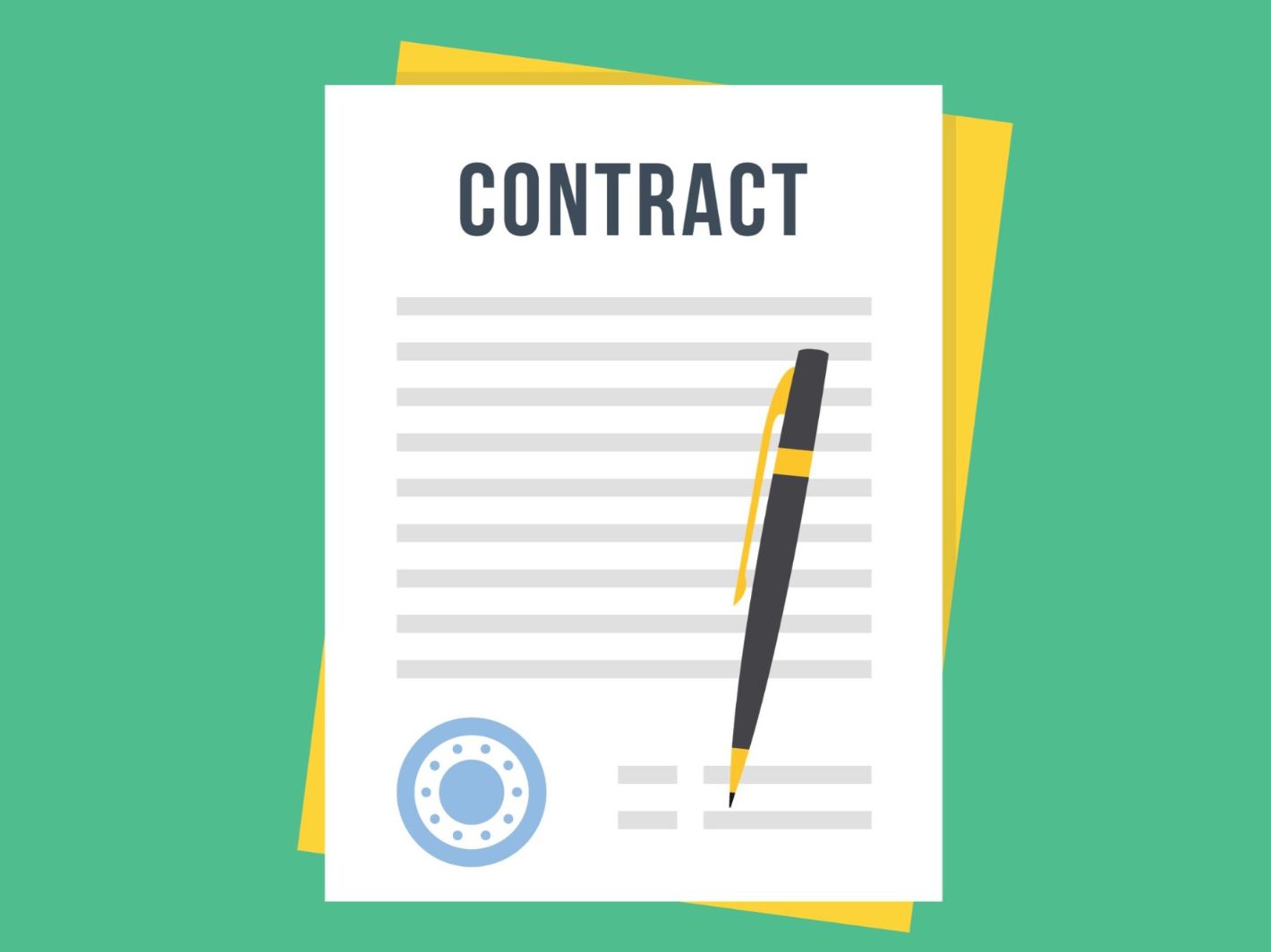 Illustration of a green background with white piece of paper written "Contract" and a pen on the the piece of paper