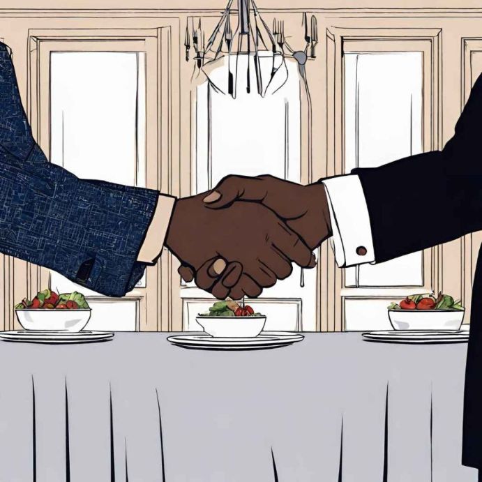 Illustration of two hands shaking hands in a room with three bowls of food in the background