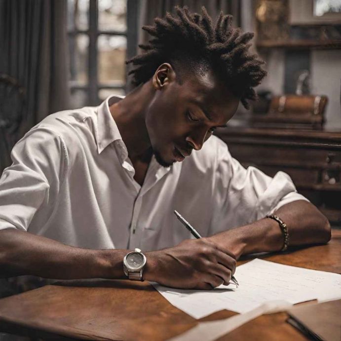 Black male with white shirt and wrist watch writing a on a white piece of paper with a pen