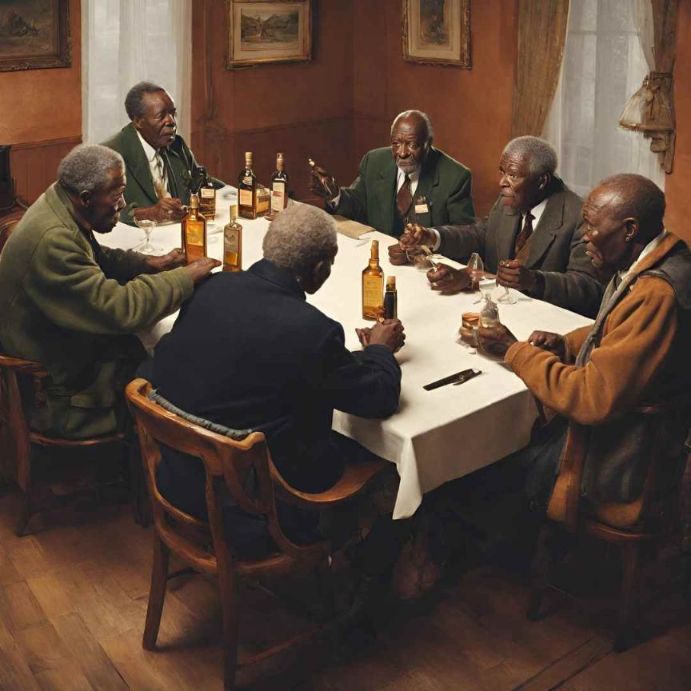 Black elderly men having a conversation at a dinner table whilst drinking whiskey